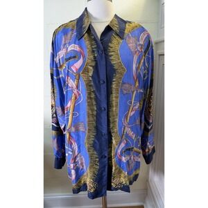Vintage STUNT Collections 100% Silk Blouse Equestrian Print Shoulder Pads L